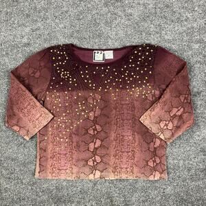 Take Two Top Womens PL Burgundy Snake Print Rhinestone‎ Boho 3/4 Sleeve